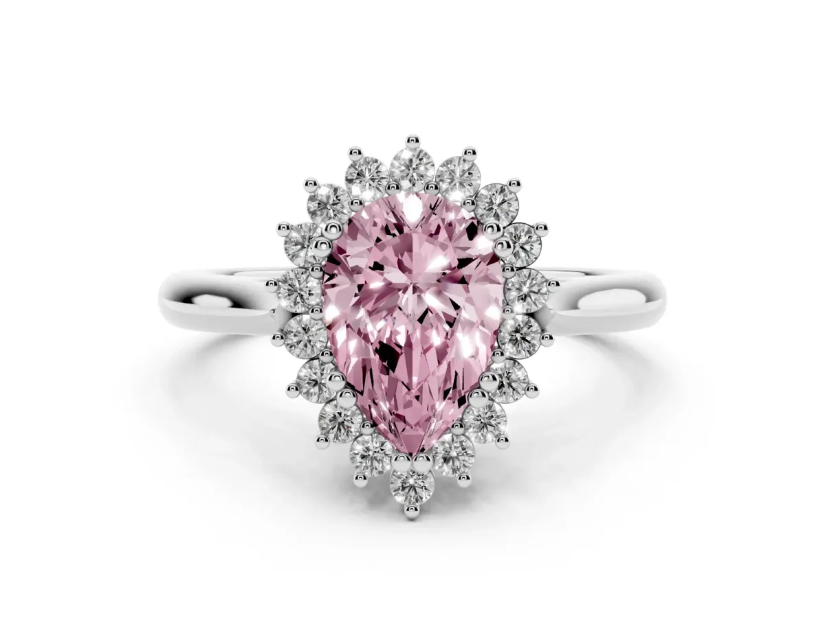 Fancy Pink Pear Cut Cut Diamond Halo Ring with Solitaire Band and Prong Setting Silver
