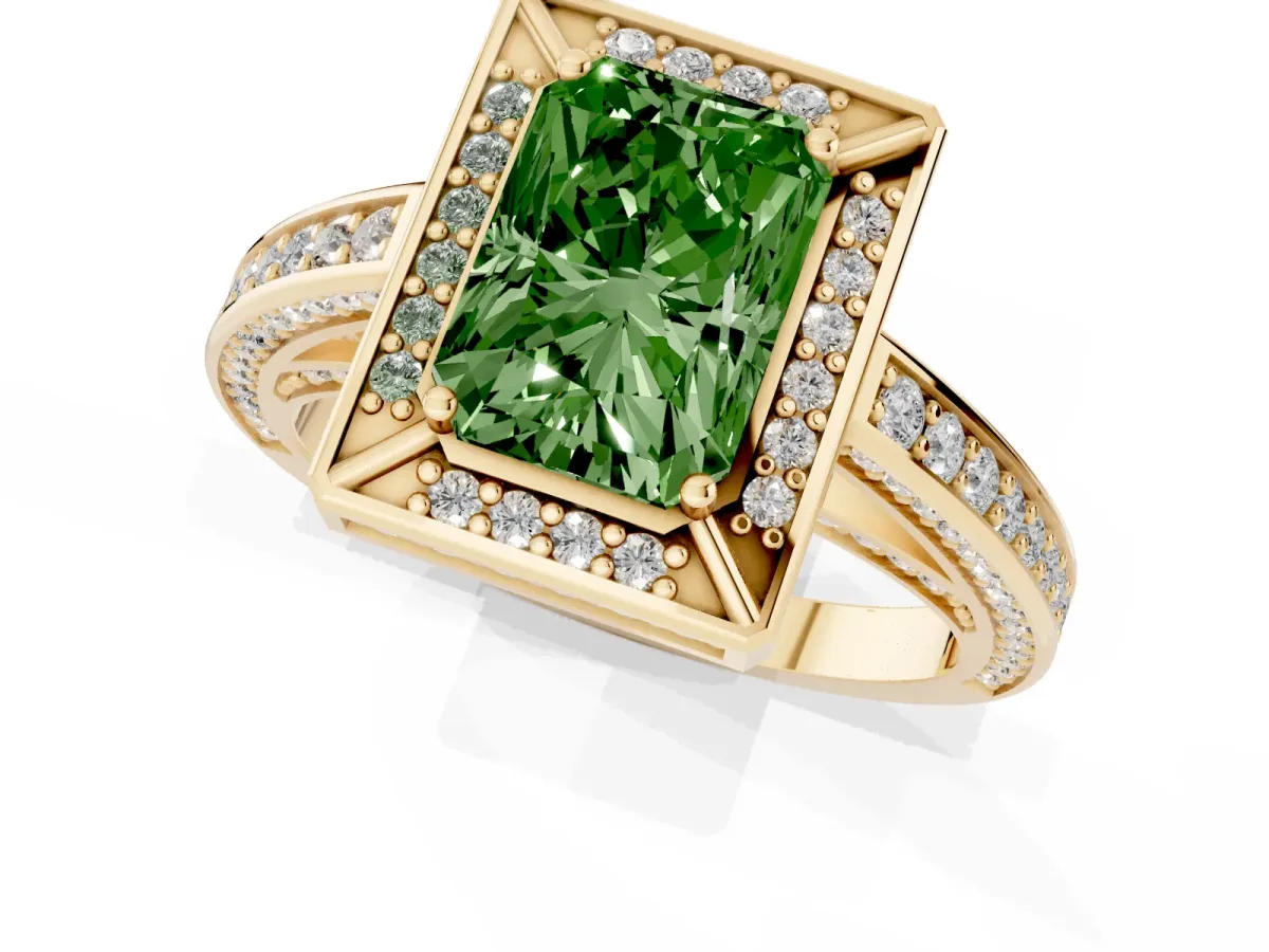 Fancy Green Radiant Cut Cut Halo Pave Split Shank Prong Setting Ring Yellow gold