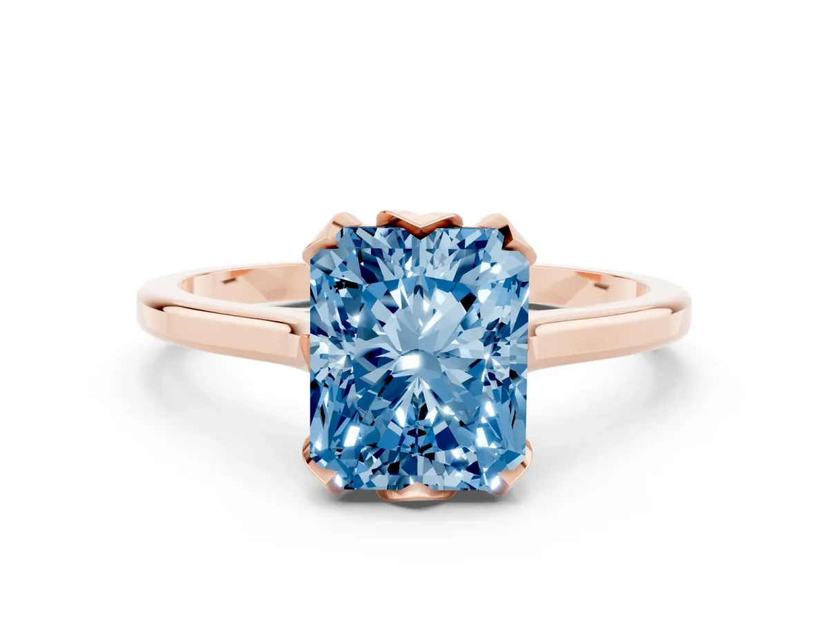 Fancy Blue Radiant Cut Diamond Solitaire Ring with Flower Prong Setting and Classic Band Rose gold
