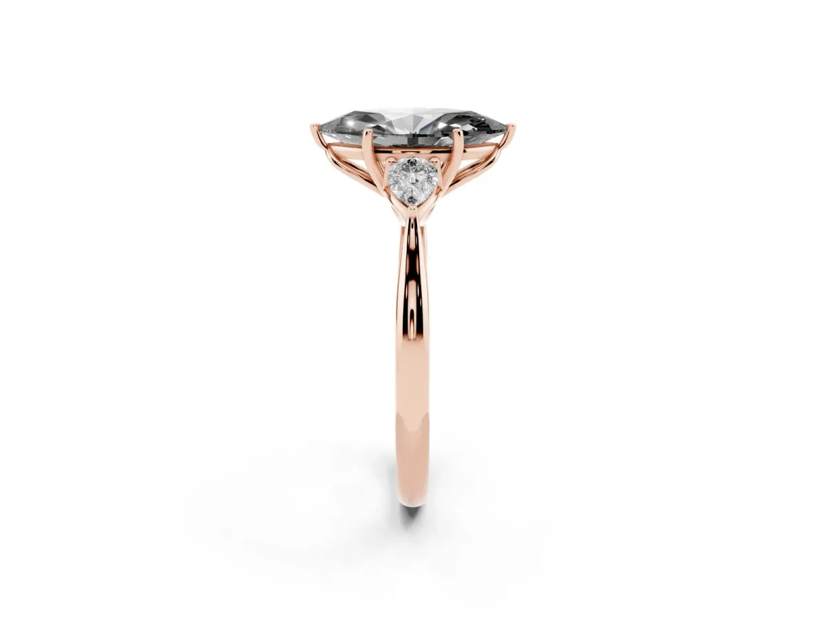 Fancy Black Three-Stone Marquise Cut Brilliant Diamond Solitaire Ring with Tapered Band and Four-Prong Setting Rose gold