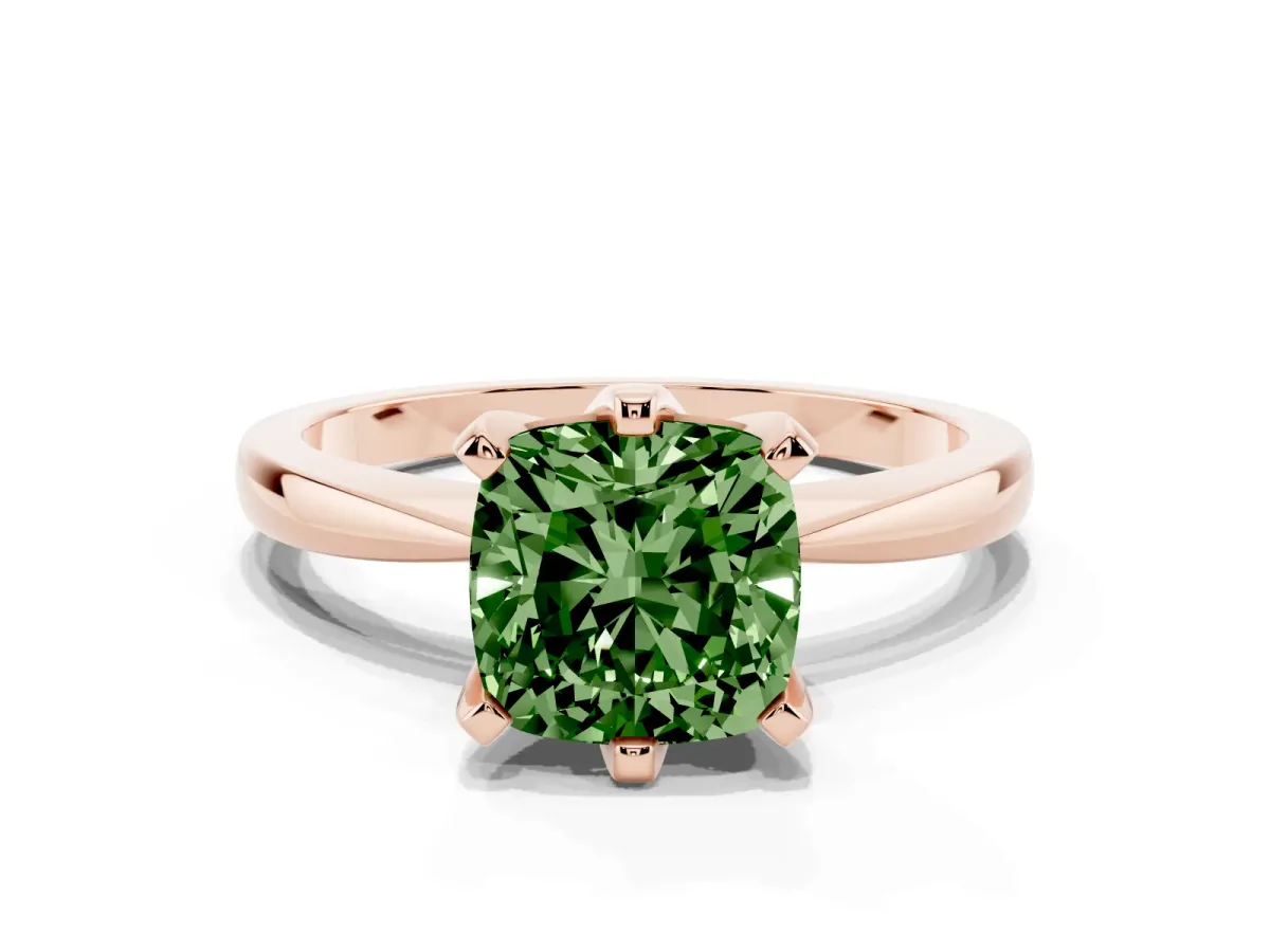Fancy Green Cushion Cut Solitaire Engagement Ring with Six-Prong Setting and Tapered Band Rose gold