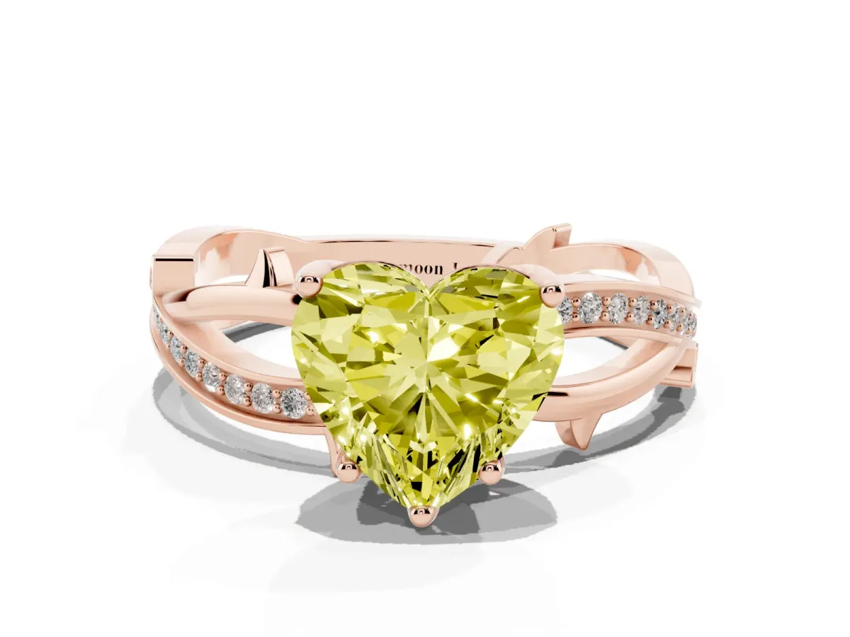 Fancy Yellow Heart Cut Solitaire Twist Band with Pavé Accents and Four-Prong Setting Rose gold