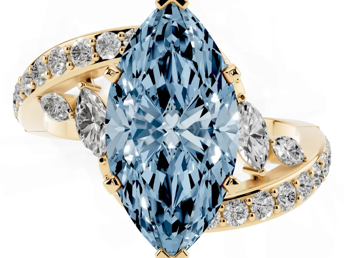 Fancy Blue Marquise Cut Solitaire with Pavé Twist Band and Four-Prong Setting Yellow gold