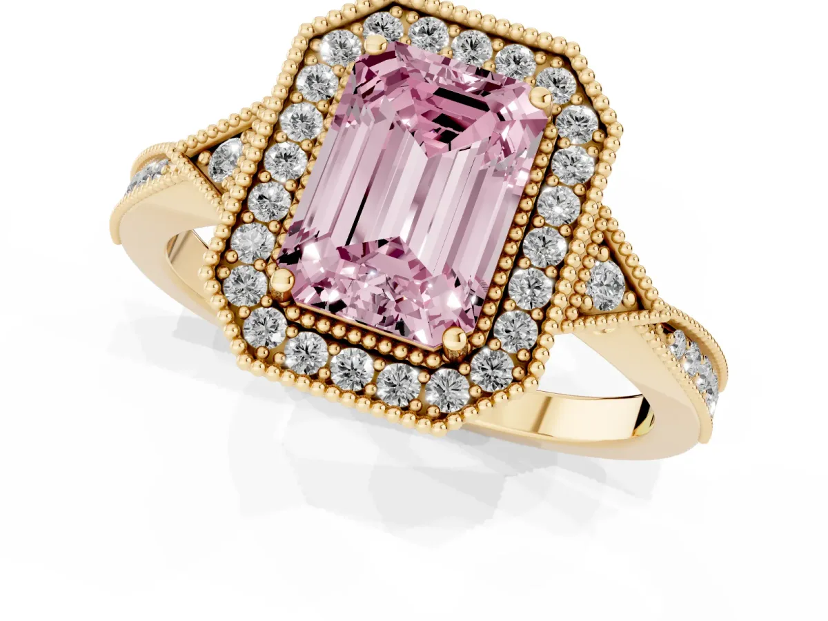 Fancy Pink Emerald Cut Halo Round Diamond Milgrain Pave Engagement Ring Yellow gold