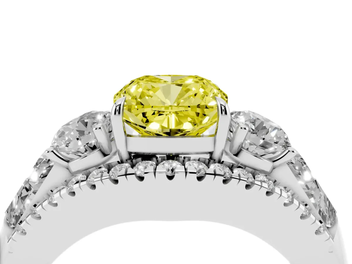 Fancy Yellow Three-Stone Cushion Cut Diamond Engagement Ring with Pave Band and Prong Setting Silver
