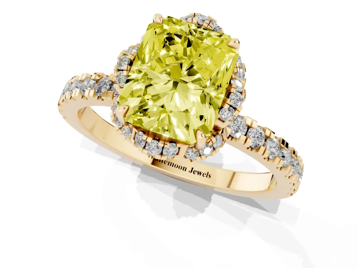 Fancy Yellow Radiant Cut Halo Diamond Pave Band Ring with Four-Prong Setting Yellow gold