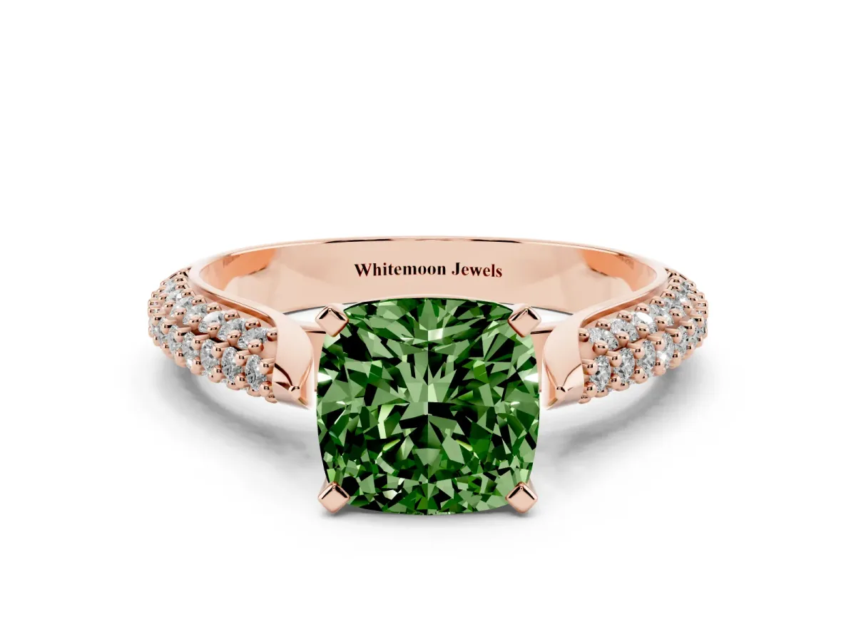 Fancy Green Cushion Cut Diamond Solitaire Engagement Ring with Multi-Row Round Pavé Band and Prong Setting Rose gold