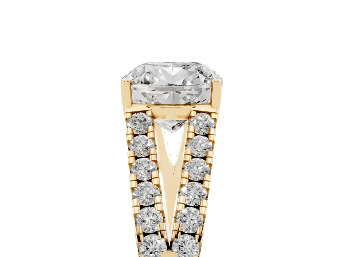 Cushion Cut Diamond Split Shank Engagement Ring with Round Pavé and Prong Setting Yellow gold