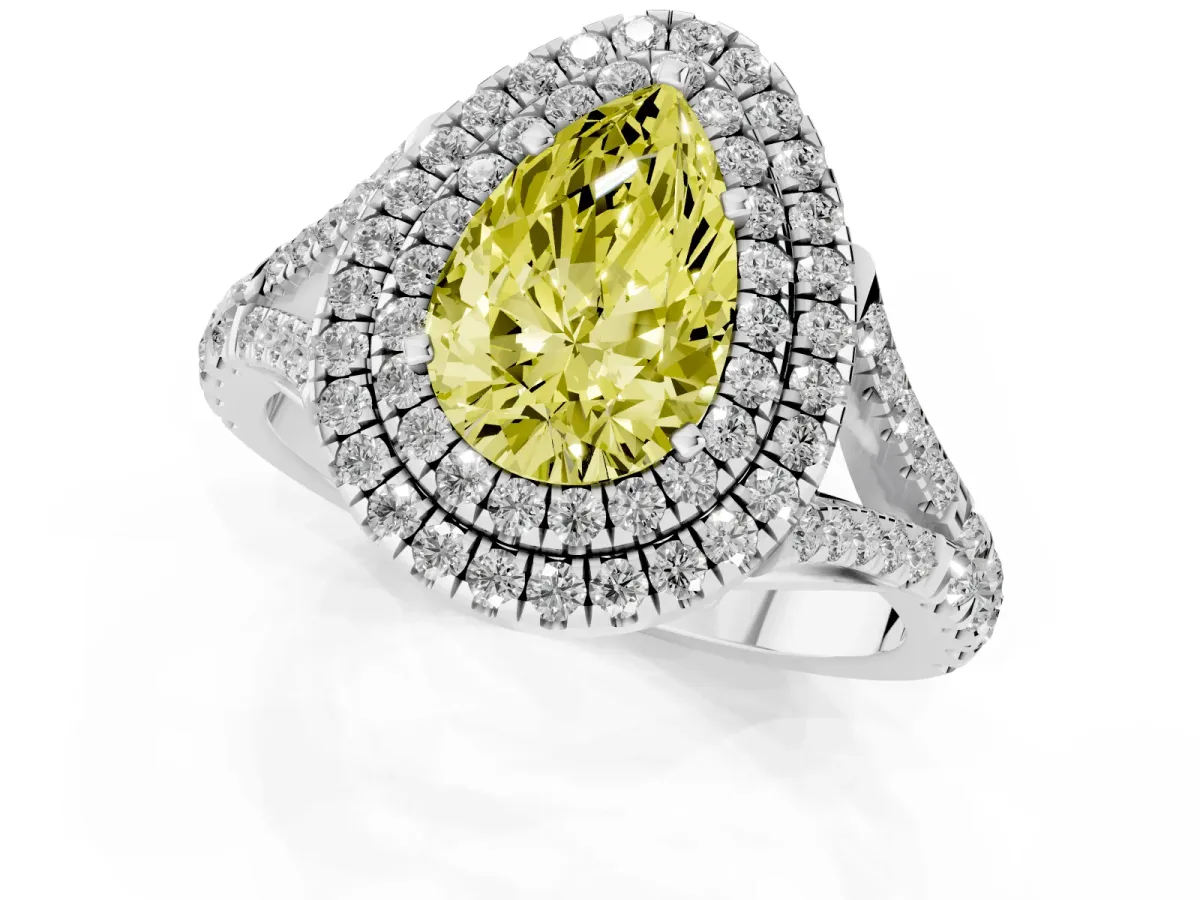 Fancy Yellow Pear Cut Diamond Pavé Split Shank Double Halo Engagement Ring Silver