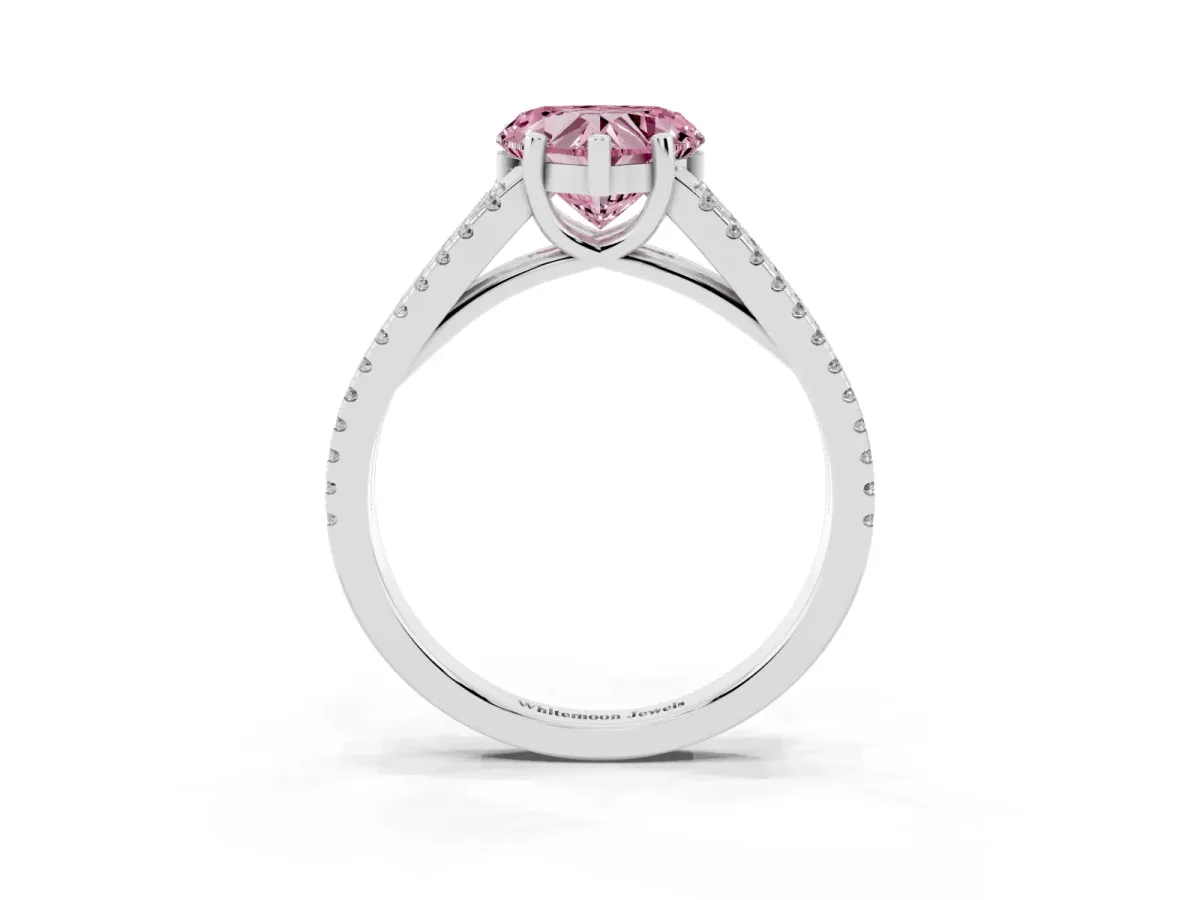 Fancy Pink Heart Cut Diamond Solitaire Engagement Ring with Split Shank Pavé Band Silver
