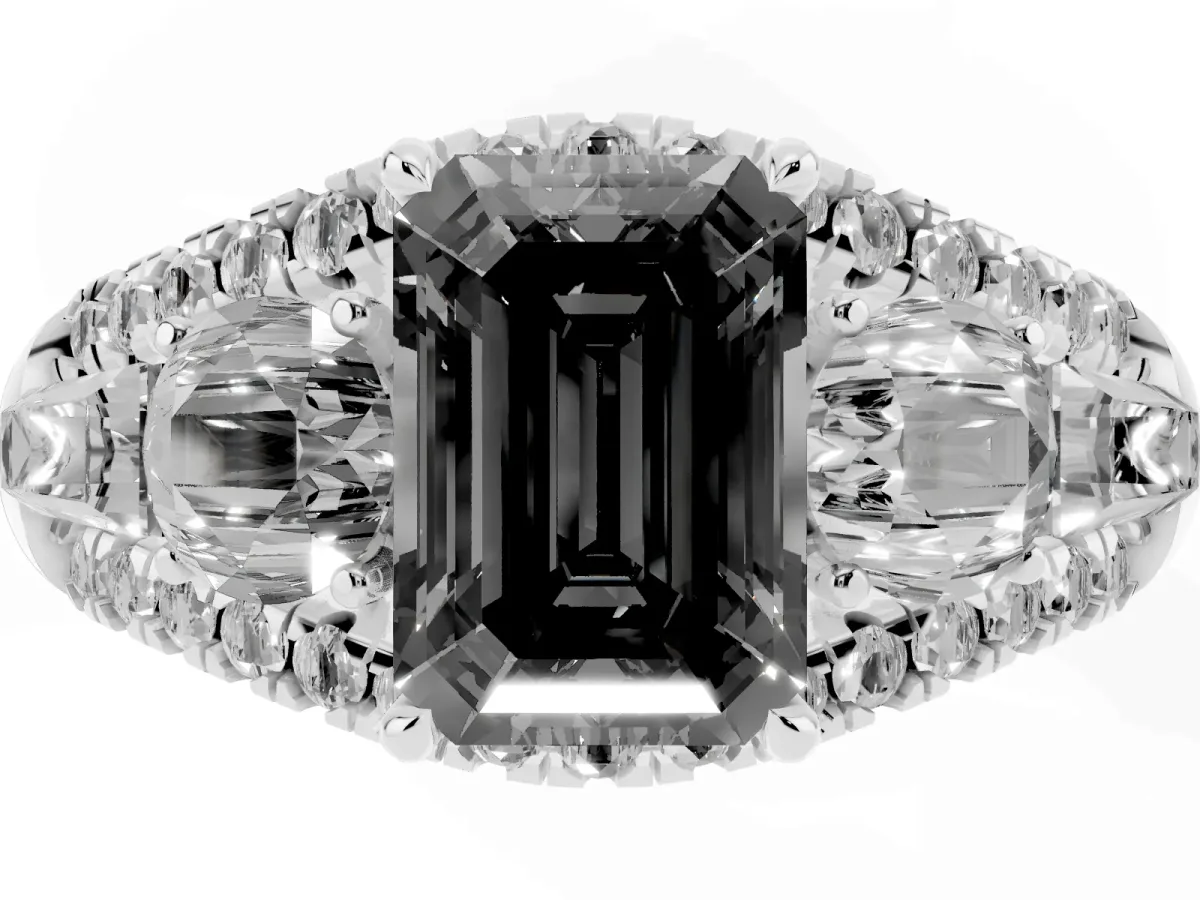 Fancy Black Three-Stone Emerald Cut Diamond Engagement Ring with Pave Band and Prong Setting Silver