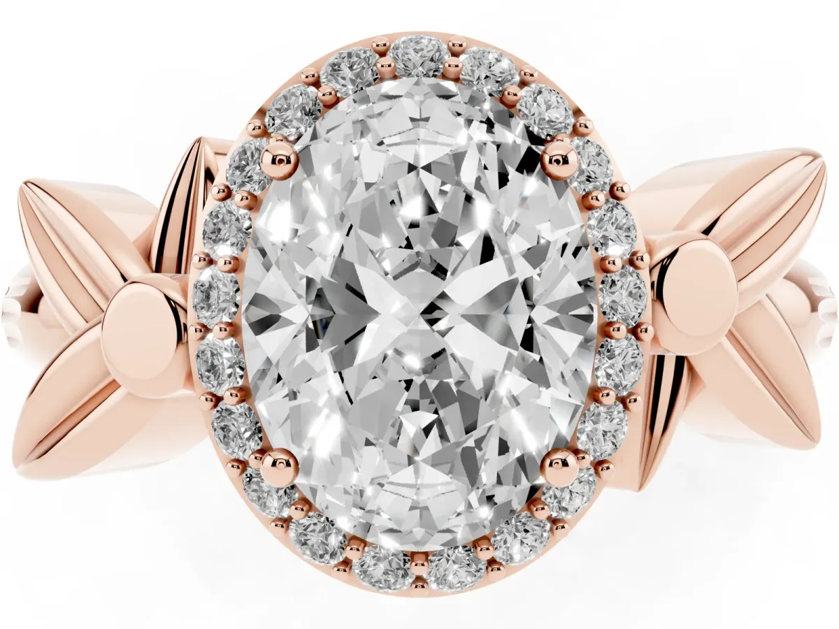 Oval Cut Halo Diamond Floral Band with Four-Prong Setting Rose gold