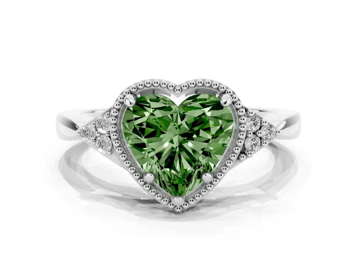 Fancy Green Milgrain Heart Cut Cut Diamond Ring with Tapered Pave Band and Four Prong Setting Platinum