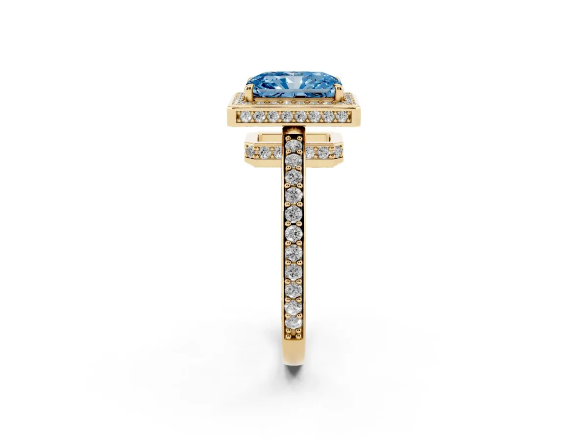 Fancy Blue Radiant Cut Halo Pave Band Solitaire Ring with Prong Setting Yellow gold