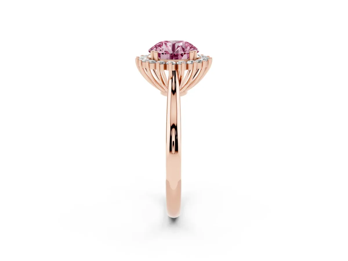 Fancy Pink Round Cut Cut Diamond Halo Ring with Solitaire Band and Prong Setting Rose gold