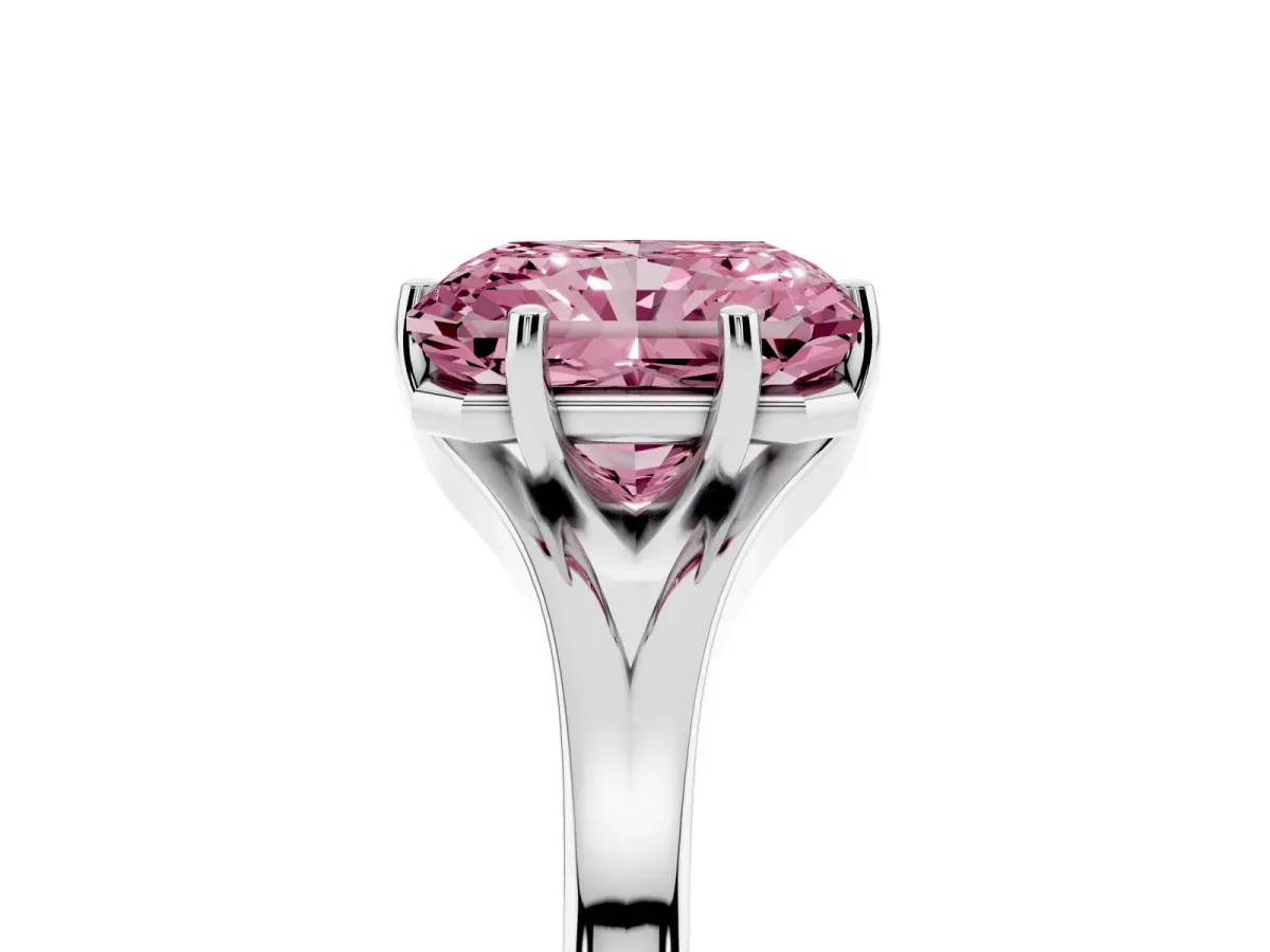 Fancy Pink Radiant Cut Solitaire Diamond Ring with Six-Prong Setting and Tapered Band Platinum