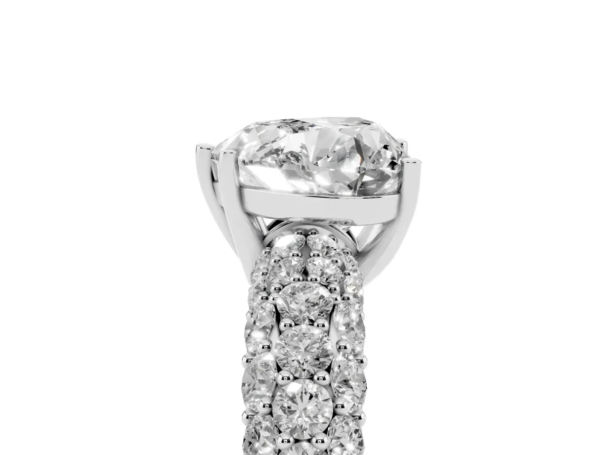 Heart Cut Diamond Pavé Band Solitaire Ring with Four-Prong Setting Silver