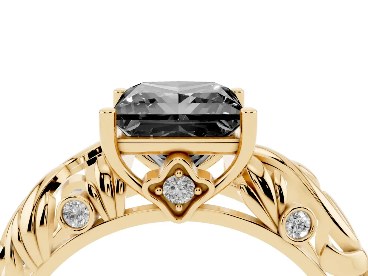 Fancy Black Princess Cut Solitaire Diamond Leaf-Inspired Vine Band Ring with Prong Setting Yellow gold