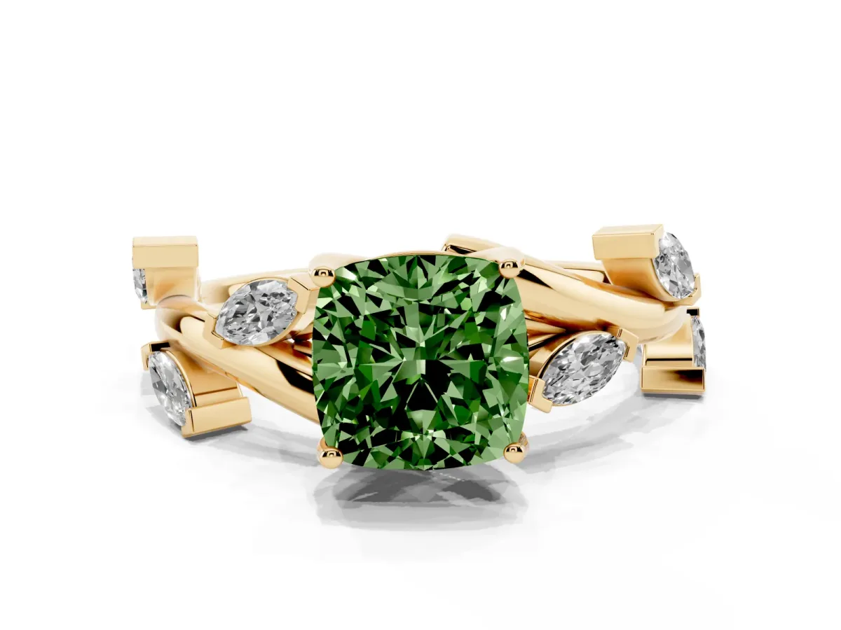 Fancy Green Cushion Cut Solitaire Twisted Band Marquise Accent Prong Setting Ring Yellow gold