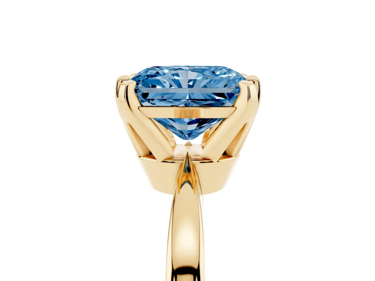 Fancy Blue Radiant Cut Solitaire Engagement Ring with Six-Prong Setting and Tapered Band Yellow gold