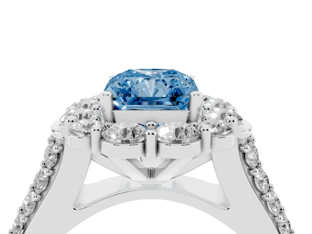 Fancy Blue Radiant Cut Halo Diamond Engagement Ring with Split Shank and Prong Setting Silver