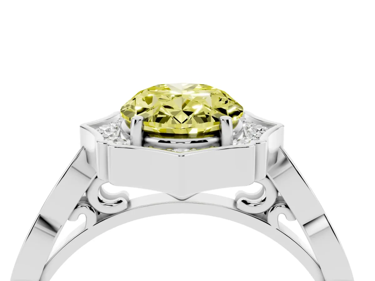 Fancy Yellow Oval Cut Halo Diamond Engagement Ring with Milgrain Band and Four-Prong Setting White gold