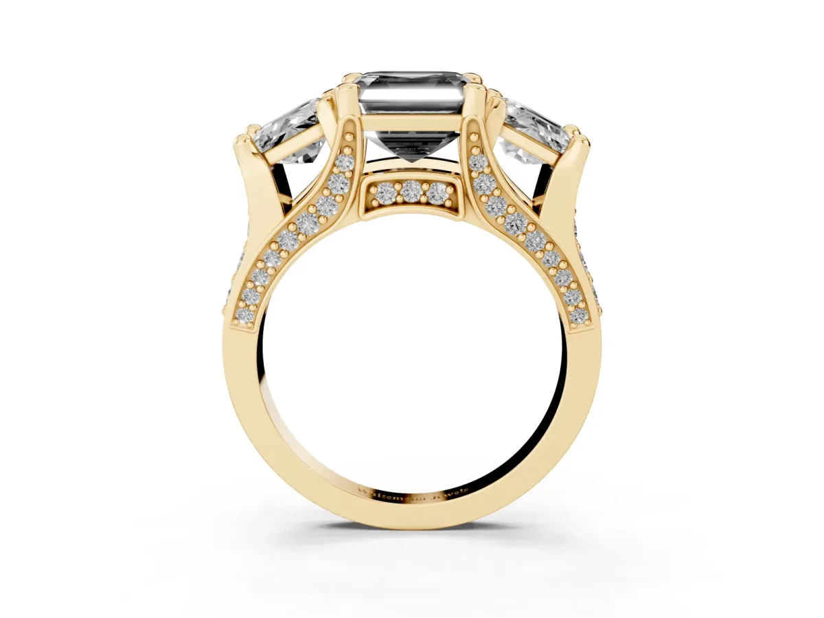Fancy Black Asscher Cut Diamond Three-Stone Ring with Channel Set Band and Four-Prong Setting Yellow gold