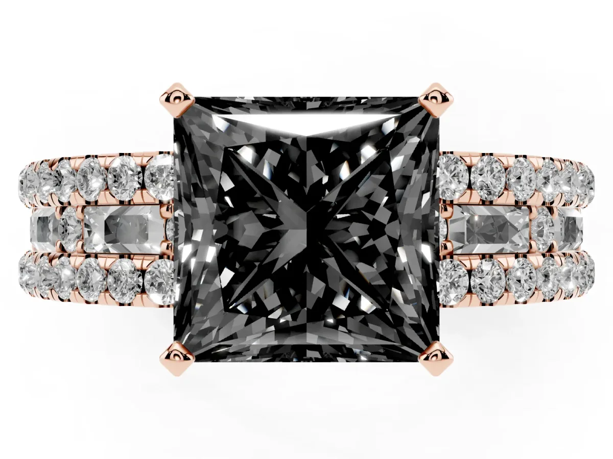 Fancy Black Princess Cut Diamond Solitaire Ring with Pavé and Channel Set Band Rose gold