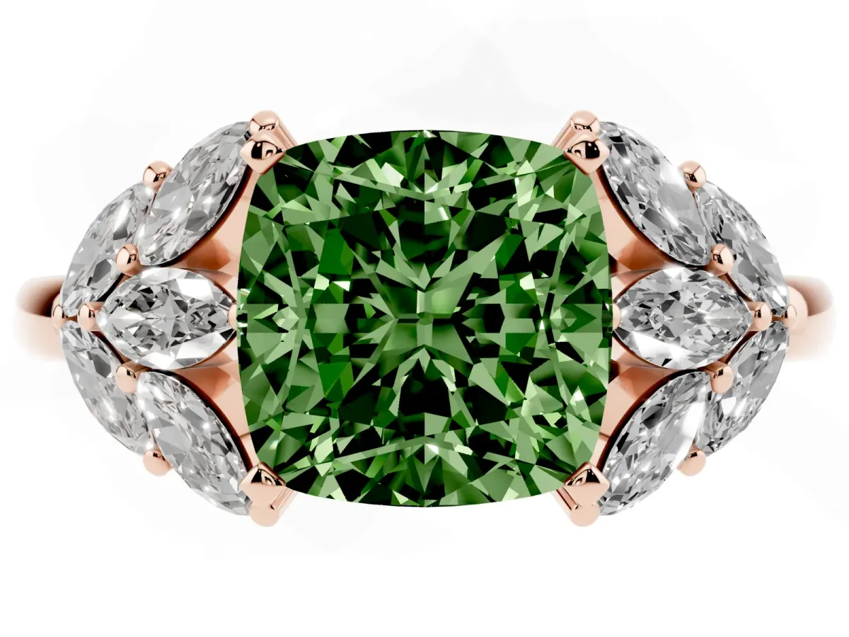 Fancy Green Cushion Cut Diamond Cluster Leaf Design Ring with Prong Setting Rose gold