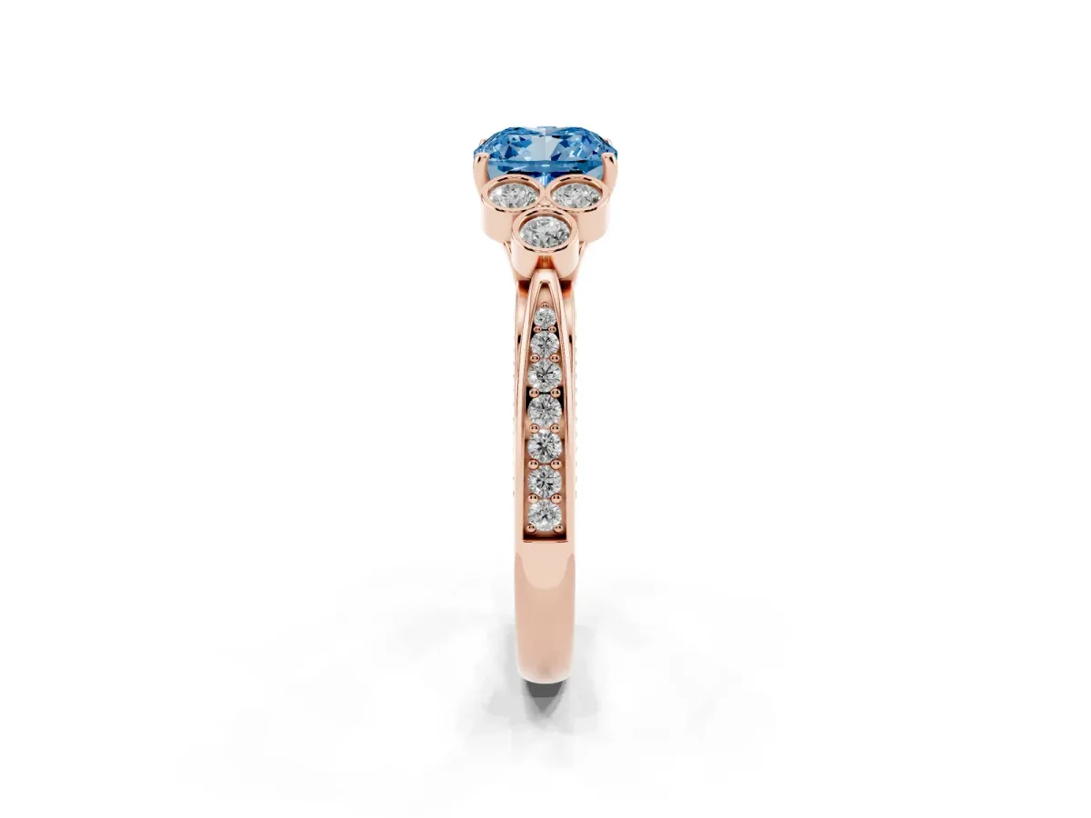 Fancy Blue Cushion Cut Cut Diamond Engagement Ring with Bezel Set Round Side Stones and Prong Setting Rose gold