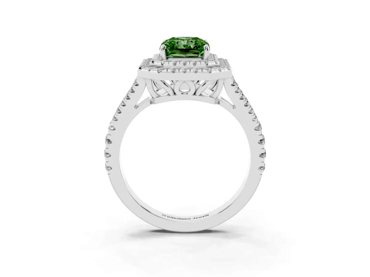 Fancy Green Radiant Cut Diamond Double Halo Ring with Pavé Band and Prong Setting Platinum