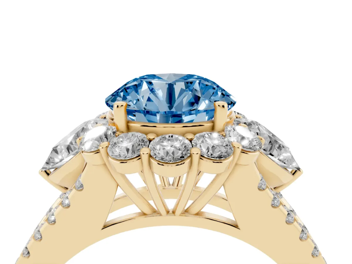 Fancy Blue Round Cut Halo Split Shank Diamond Engagement Ring with Prong Setting Yellow gold