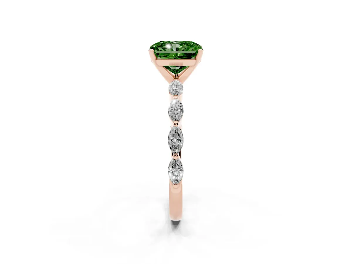 Fancy Green Radiant Cut Diamond Ring with Marquise Side Stones and Prong Setting Rose gold