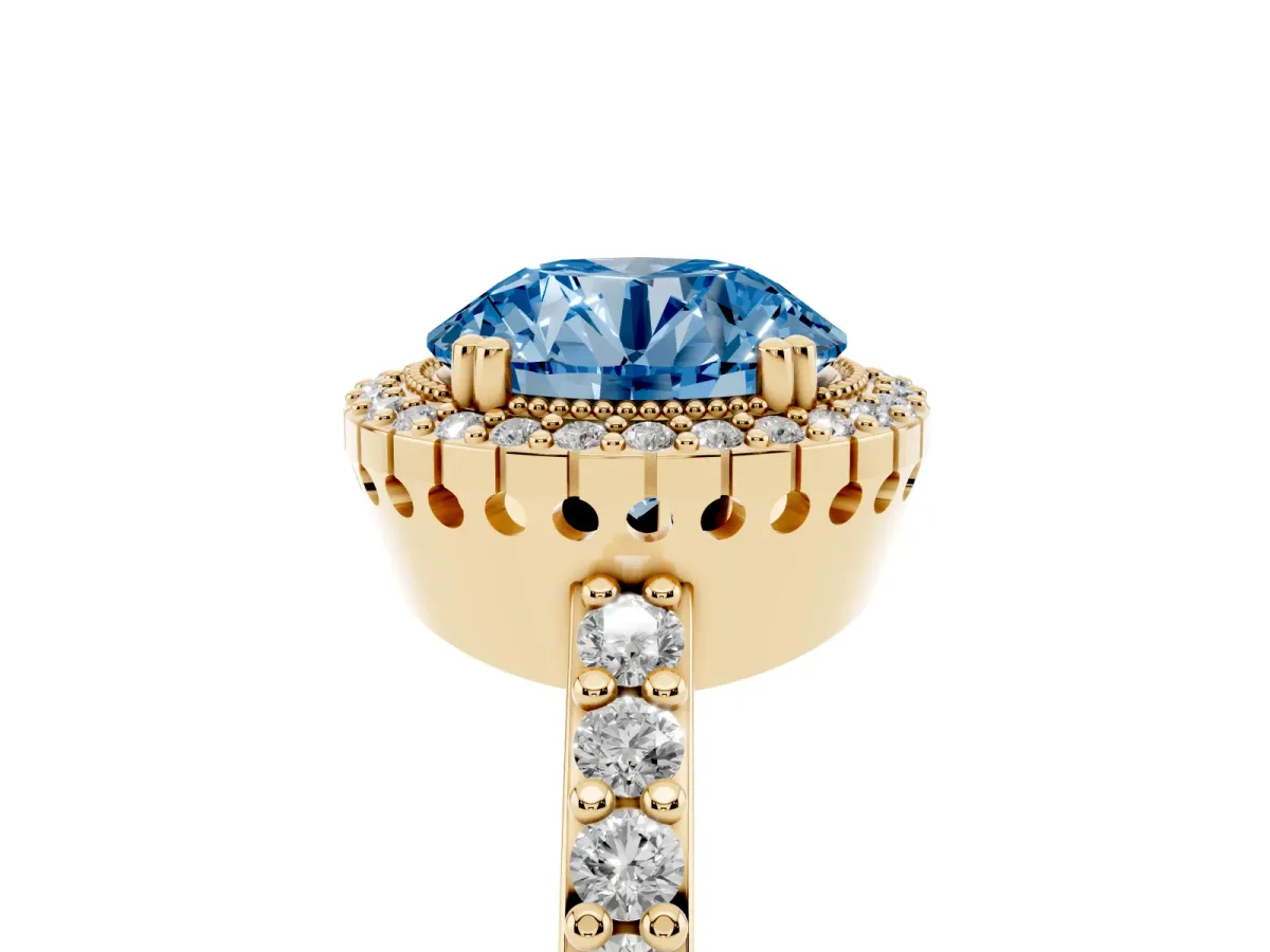 Fancy Blue Round Cut Cut Diamond Halo Engagement Ring with Milgrain Detail and Pavé Band Yellow gold