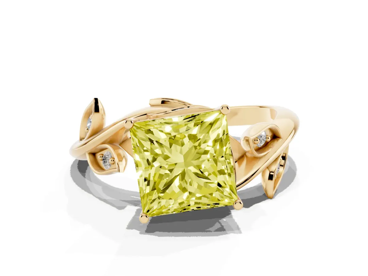 Fancy Yellow Princess Cut Solitaire Twist Engagement Ring with Leaf Accents and Prong Setting Yellow gold