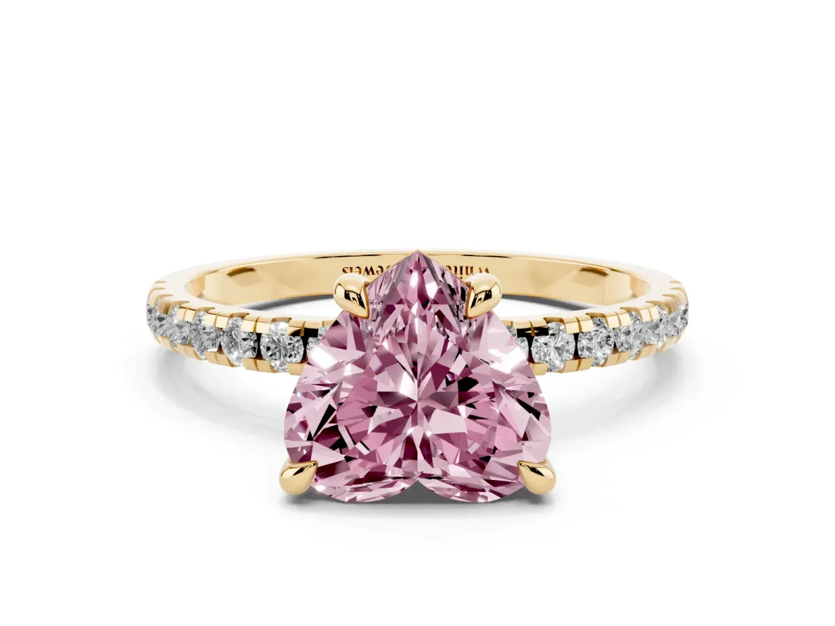 Fancy Pink Heart Cut Diamond Brilliant Solitaire Ring with Pavé Band and Four-Prong Setting Yellow gold
