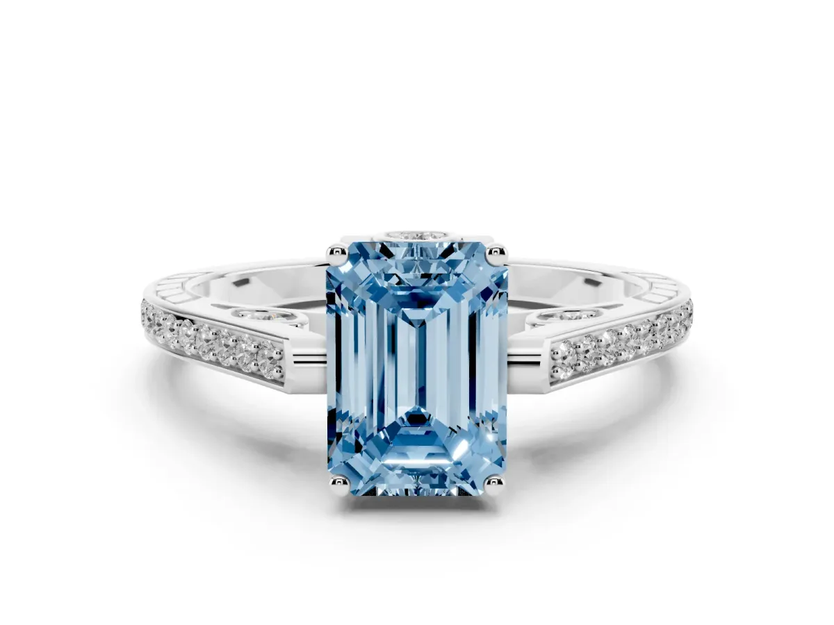 Fancy Blue Emerald Cut Cut Cathedral Pave Diamond Engagement Ring with Six-Prong Setting Platinum