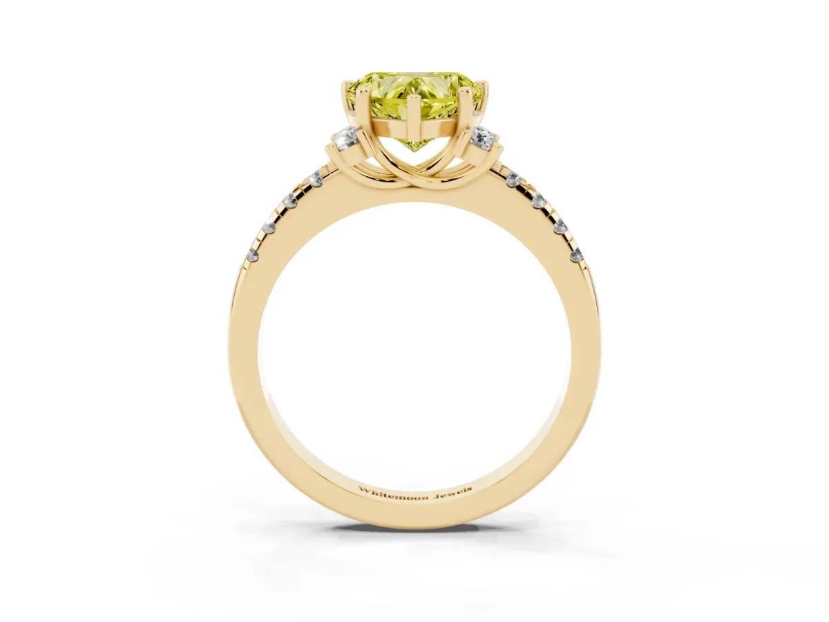 Fancy Yellow Heart Cut Diamond Three-Stone Pave Band with Four-Prong Setting Yellow gold