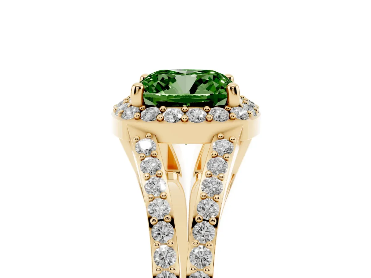 Fancy Green Cushion Cut Halo Split Shank Diamond Ring with Prong Setting Yellow gold
