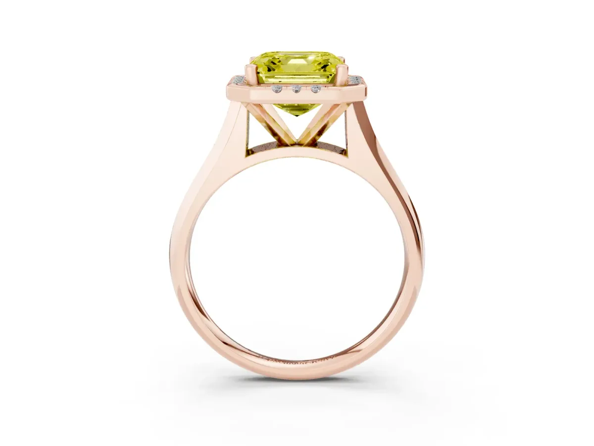 Fancy Yellow Asscher Cut Cut Halo Solitaire Engagement Ring with Square Band and Four-Prong Setting Rose gold