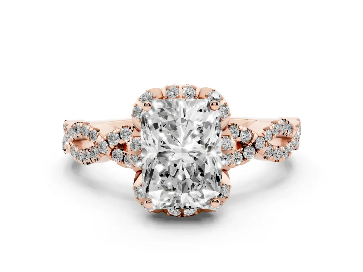 Radiant Cut Halo Twist Band Solitaire Ring with Six-Prong Setting Rose gold