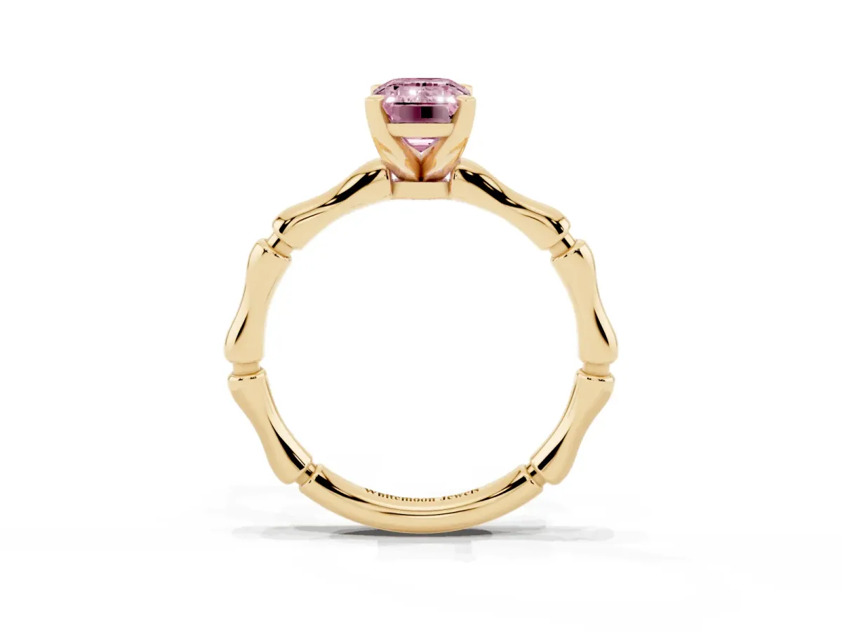 Fancy Pink Emerald Cut Solitaire Diamond Ring with Bamboo Band and Four-Prong Setting Yellow gold