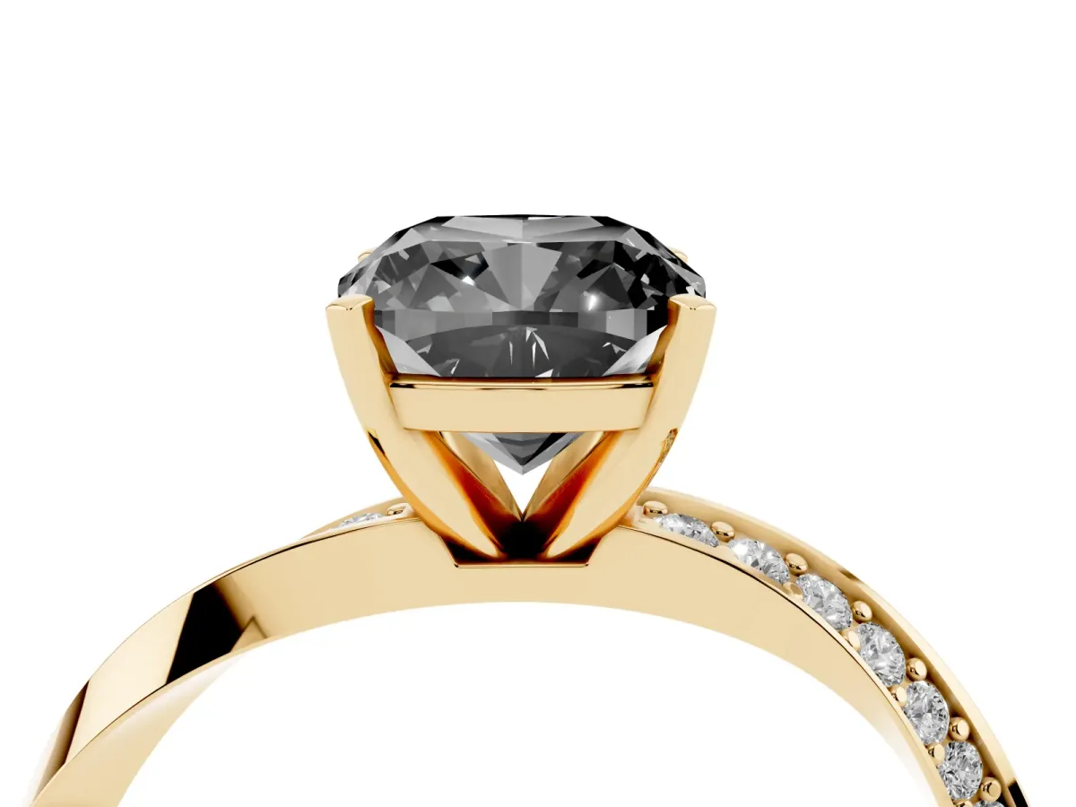 Fancy Black Cushion Cut Diamond Engagement Ring with Side Stone Accents and Four-Prong Setting Yellow gold
