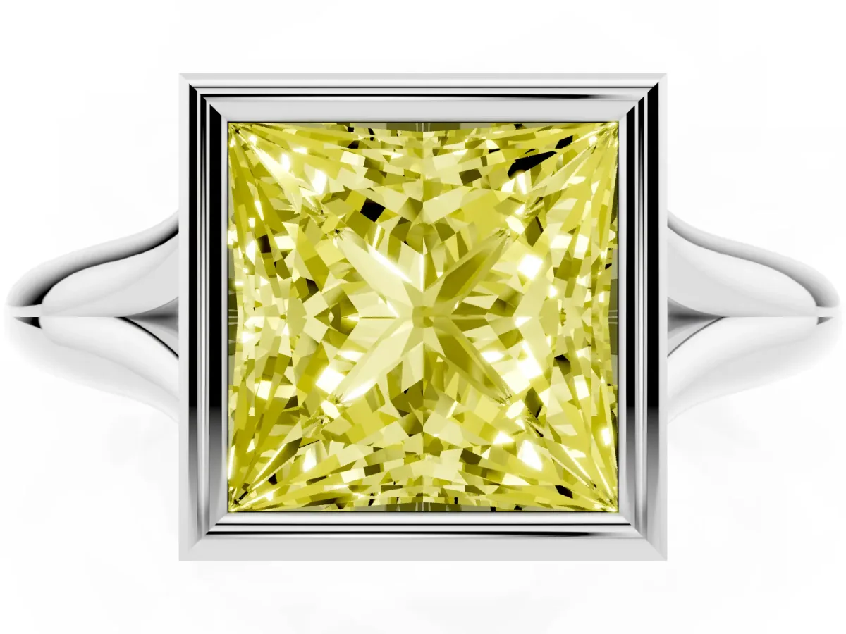 Fancy Yellow Bezel Set Princess Cut Solitaire Diamond Ring with Smooth Band Silver