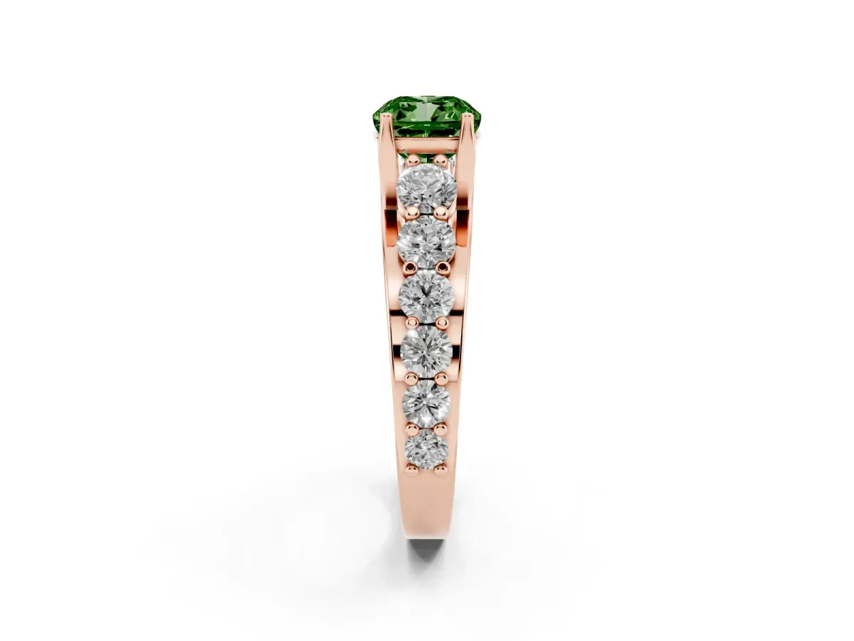 Fancy Green Cushion Cut Diamond Engagement Ring with Pavé Band and Four-Prong Setting Rose gold