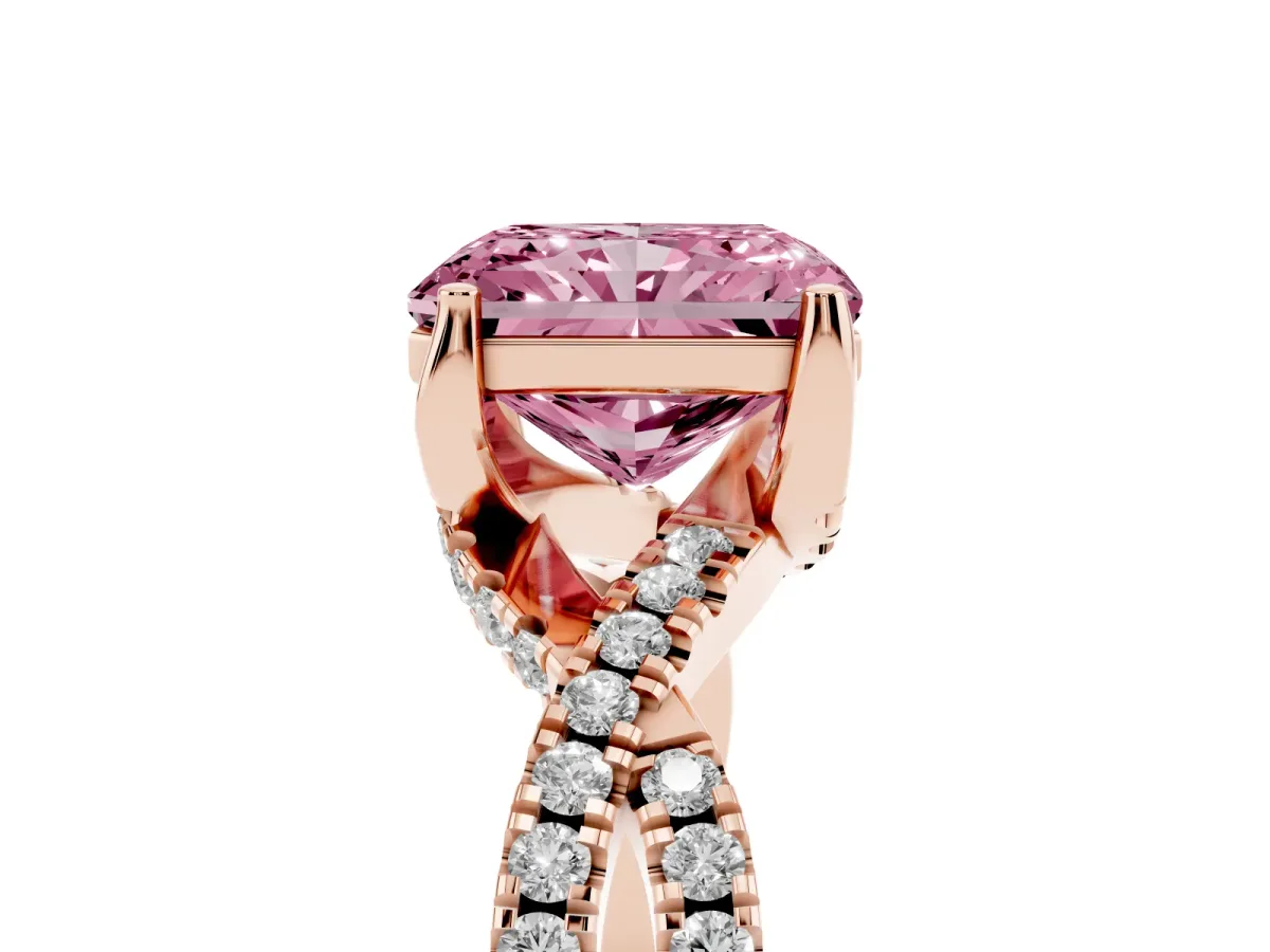 Fancy Pink Radiant Cut Solitaire Twist Pave Diamond Engagement Ring with Prong Setting Rose gold