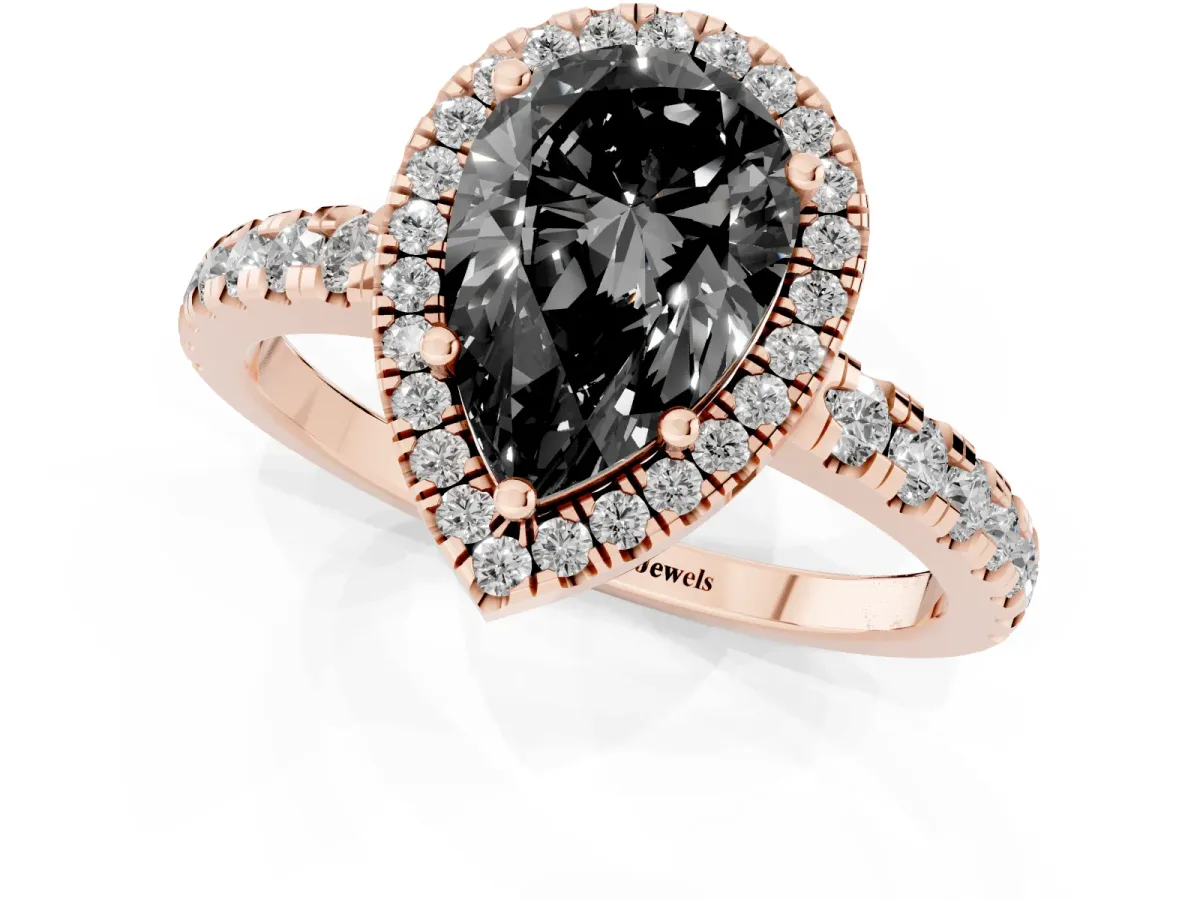 Fancy Black Pear Cut Diamond Halo Ring with Pavé Band and Four-Prong Setting Rose gold