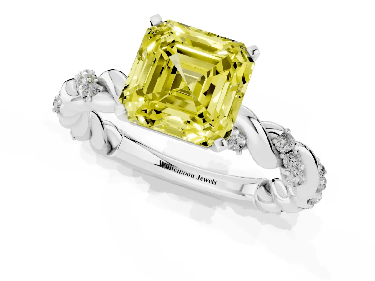 Fancy Yellow Asscher Cut Diamond Solitaire Ring with Twisted Band and Pavé Accents Platinum