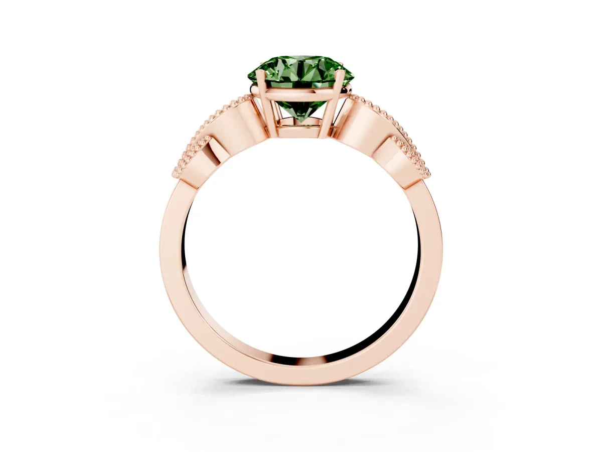 Fancy Green Round Cut Solitaire Milgrain Leaf Band with Prong Setting Rose gold