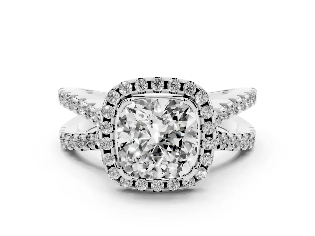 Cushion Cut Diamond Halo Ring with Split Shank Pavé Band and Prong Setting Silver